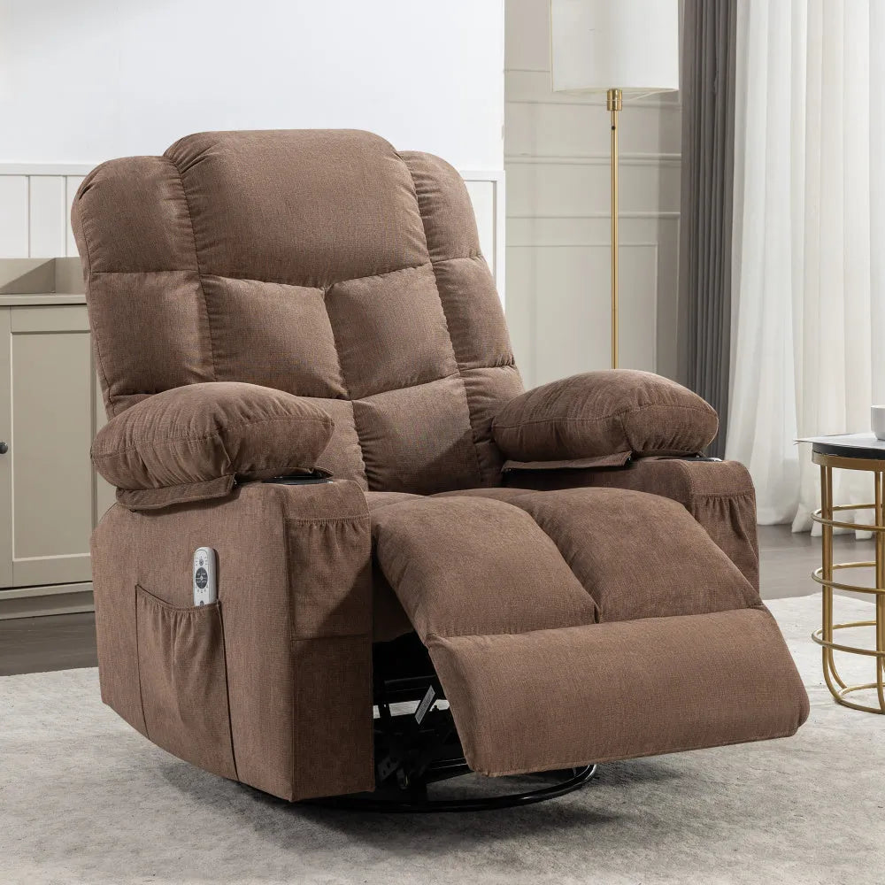 Massage Rocker Recliner Chair Rocking Chairs for Adults Oversized with 2 Cup Holders, USB Charge Port Soft Features a Manual Massage and Heat.(A+B)BROWN - Home Fusion