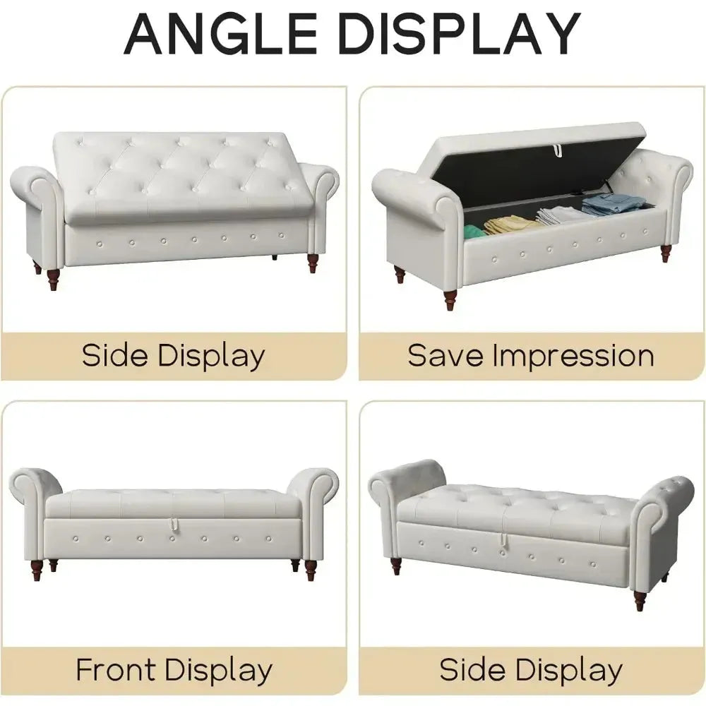 Storage Ottoman Bench, End of Bed Button Tufted Ottoman Bench, Rolled Armed Ottoman Couch Long Bench for Bedroom, Living Room - Home Fusion