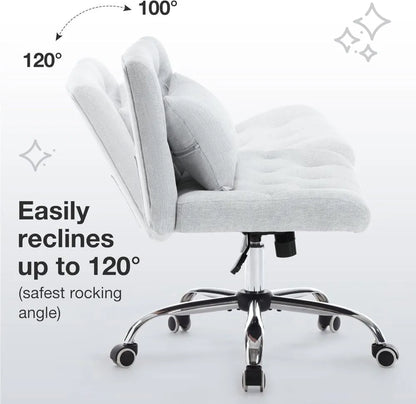 Armless Fabric Office Desk Chair with Wheels, Criss Cross Legged Wide Seat Chair, Modern Home Office Chair with Lumbar Pillow, Comfy Computer Task Chair for Small Space, Vanity Chair for Women, Girls - Home Fusion