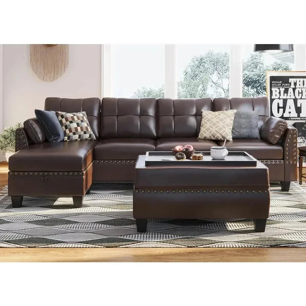 Leather Sectional Sofa with Ottoman - Easy Assembly, Storage Space,Living Room Sofa - Home Fusion