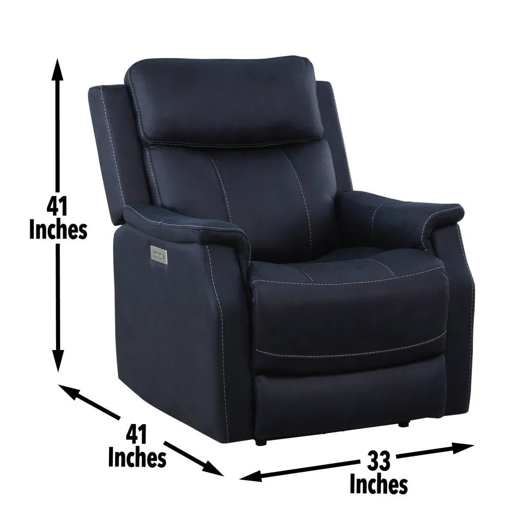 Clean Contemporary Dual-Power Recliner - Ocean Blue Leatherette, Power Footrest, Power Headrest - Easy-Care and Convenience - Home Fusion