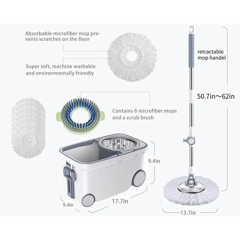 Spin Mop Bucket Deluxe 360 Spinning Floor Cleaning System with 6 Microfiber Replacement Head Refills,62" Extended Handle - Home Fusion