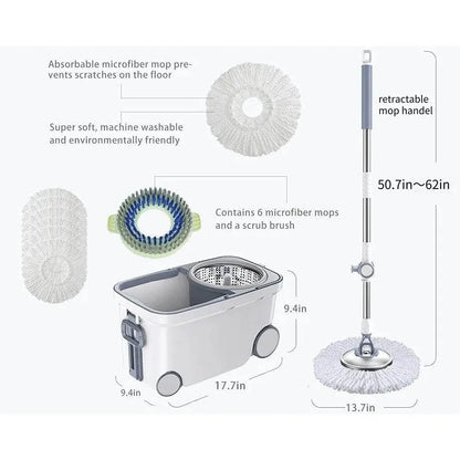 Spin Mop Bucket Deluxe 360 Spinning Floor Cleaning System with 6 Microfiber Replacement Head Refills,62" Extended Handle - Home Fusion