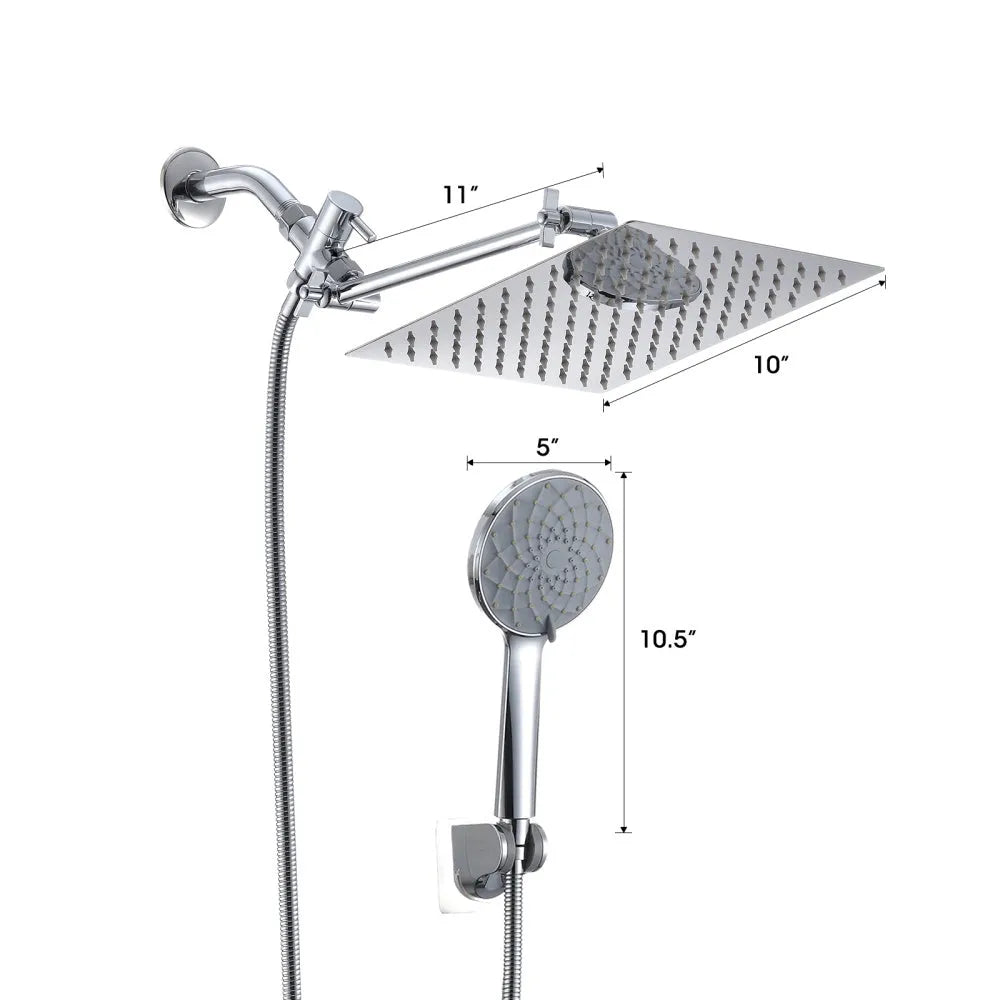 Chrome Shower Head, 10 Inch High Pressure Rainfall Shower Head/Handheld Shower Combo with 11 Inch Extension Arm, 6 Settings Adjustable Anti-leak Shower Head with Holder/Hose, Height/Angle Adjustable - Home Fusion