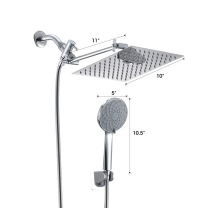 Chrome Shower Head, 10 Inch High Pressure Rainfall Shower Head/Handheld Shower Combo with 11 Inch Extension Arm, 6 Settings Adjustable Anti-leak Shower Head with Holder/Hose, Height/Angle Adjustable - Home Fusion