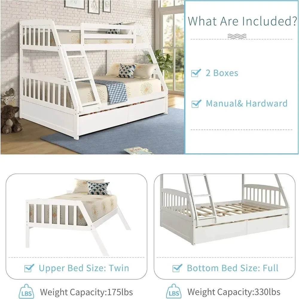 Solid Wood Twin Over Full Bunk Bed with Two Storage Drawer,Convertible to 2 Separated beds (White) bunk beds for kids - Home Fusion