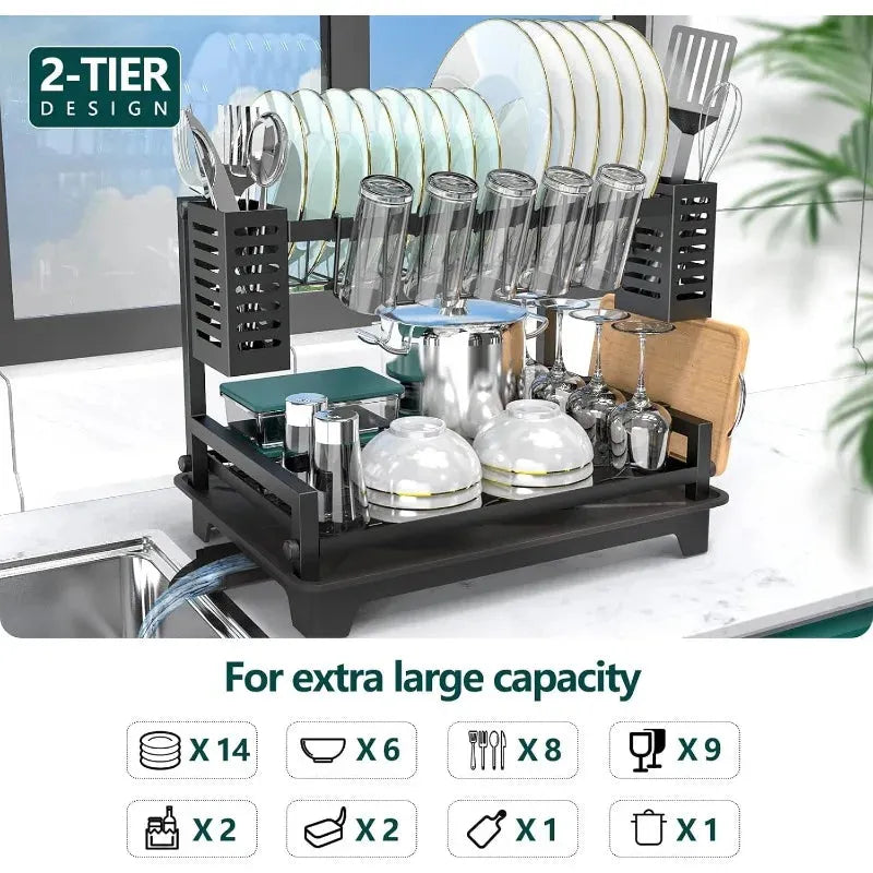 Dish Drying Rack for Kitchen Counter with Drainboard & Utensil Holders - Home Fusion