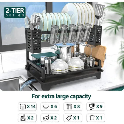 Dish Drying Rack for Kitchen Counter with Drainboard & Utensil Holders - Home Fusion