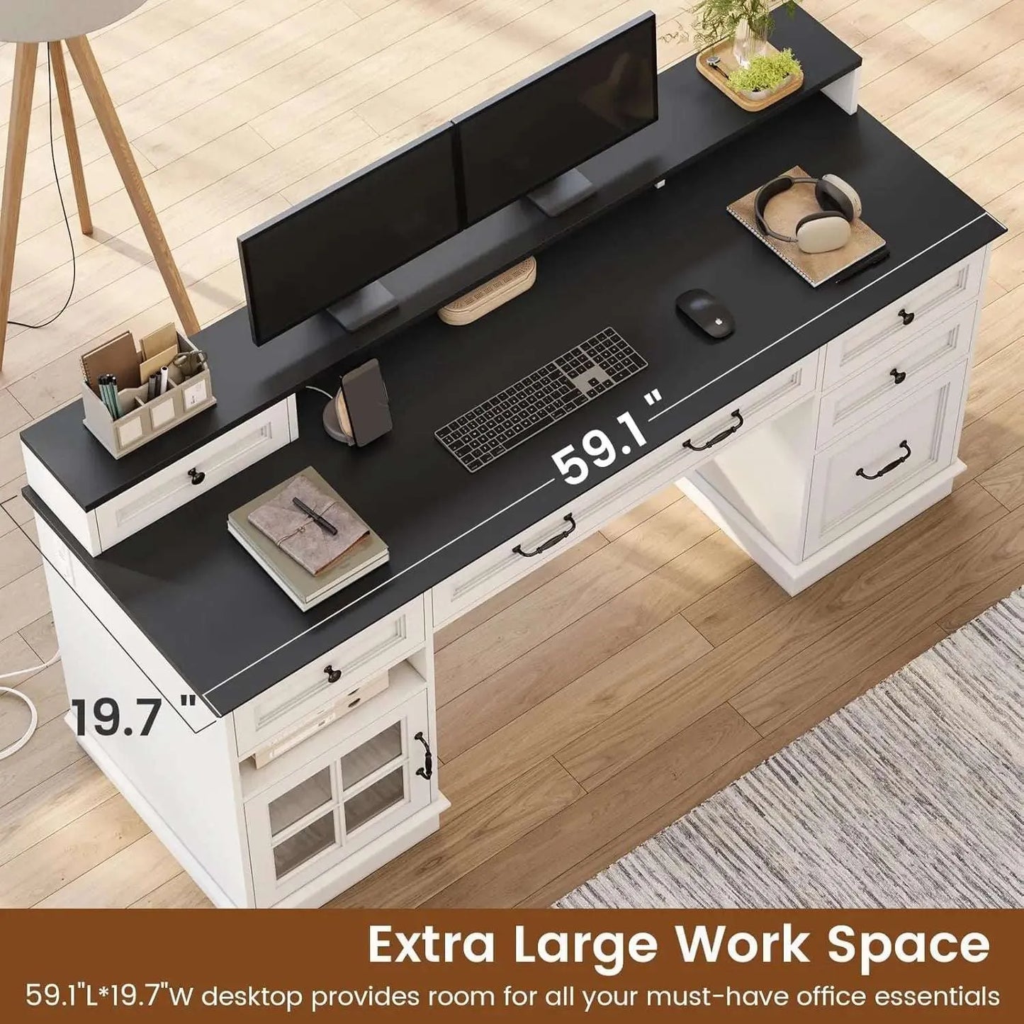 Farmhouse Executive Desk with Drawers Computer Desk with File Drawers, Power Outlet and Led Lights, Executive Office Desk - Home Fusion