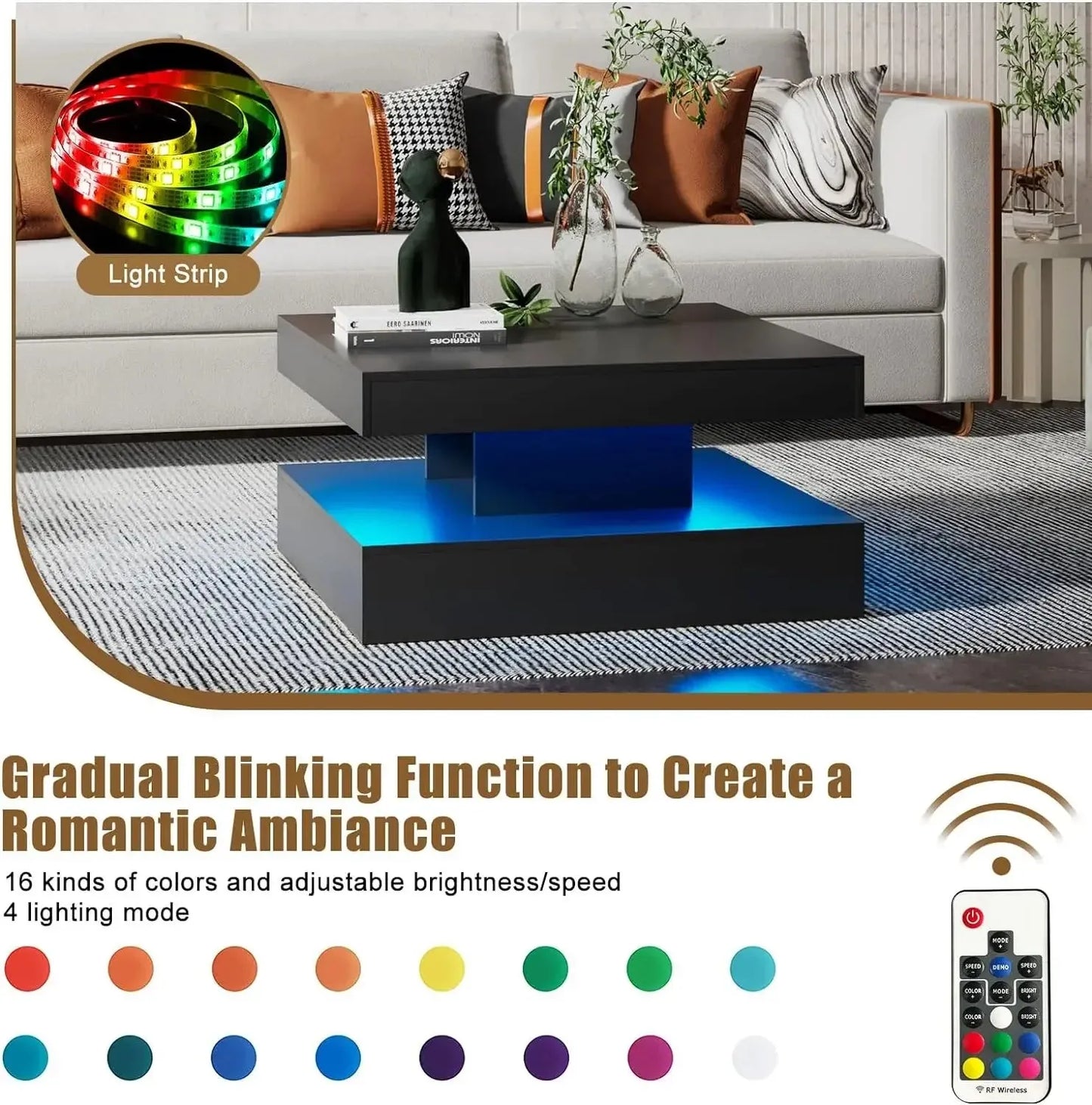 Black LED Coffee Table with Storage for Living Room Modern Smart Tall Square Center Table 2 Tier Display Shelf 20 Colors Light - Home Fusion