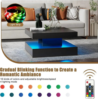 Black LED Coffee Table with Storage for Living Room Modern Smart Tall Square Center Table 2 Tier Display Shelf 20 Colors Light - Home Fusion