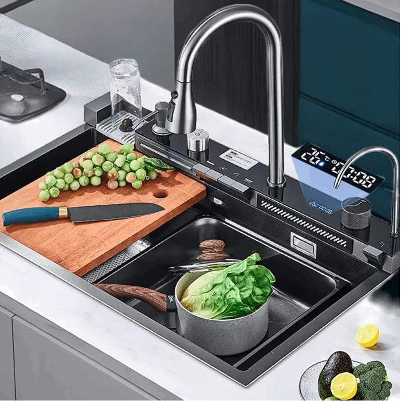 304 Stainless Steel Waterfall Kitchen Sink Large Single Slot Integrated Digital Display Faucet Set Soap Dispenser Cup Washer