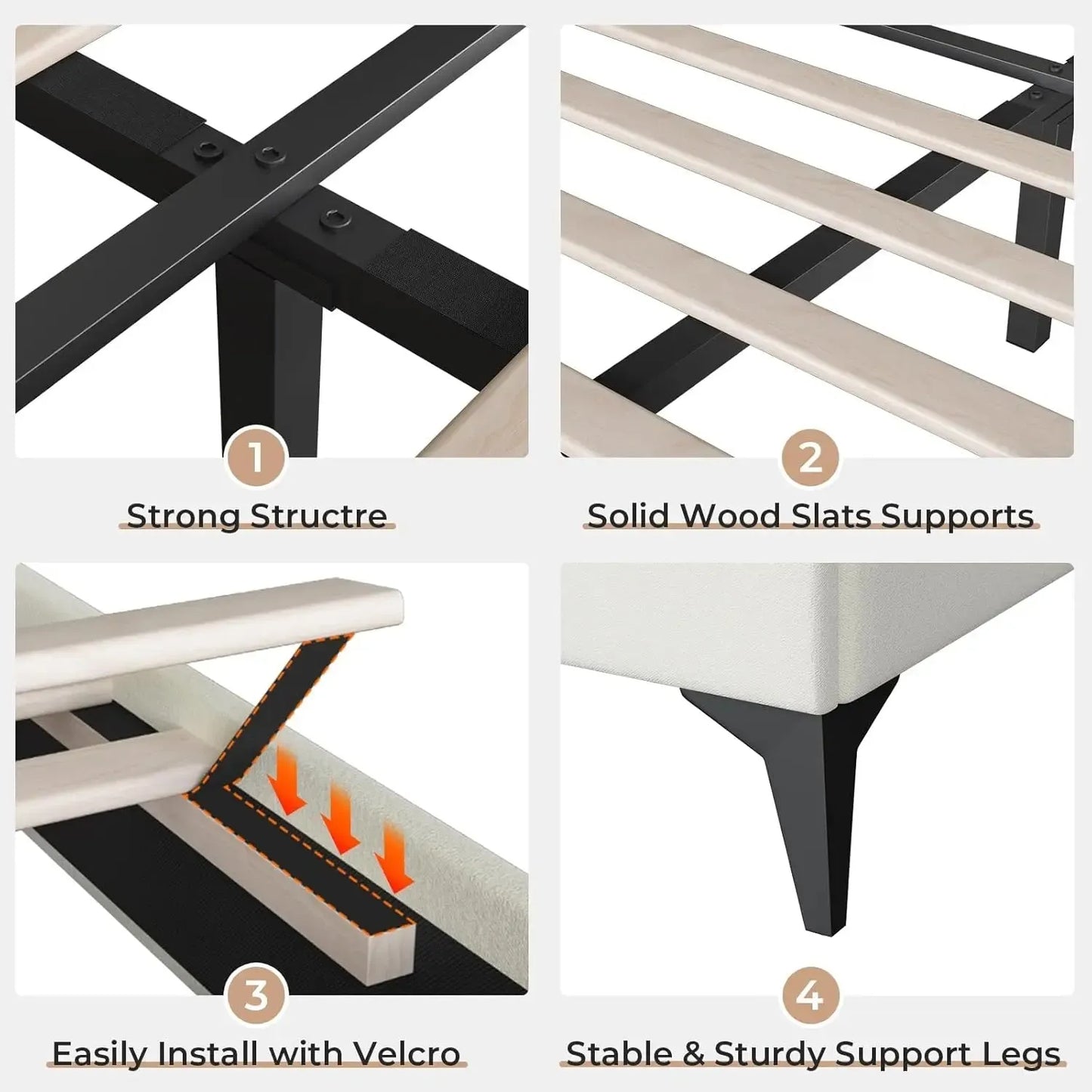 Queen Size Upholstered Bed Frame with LED Lights, Adjustable Headboard with Crystal Button, Solid Wood Slats Support, Beige