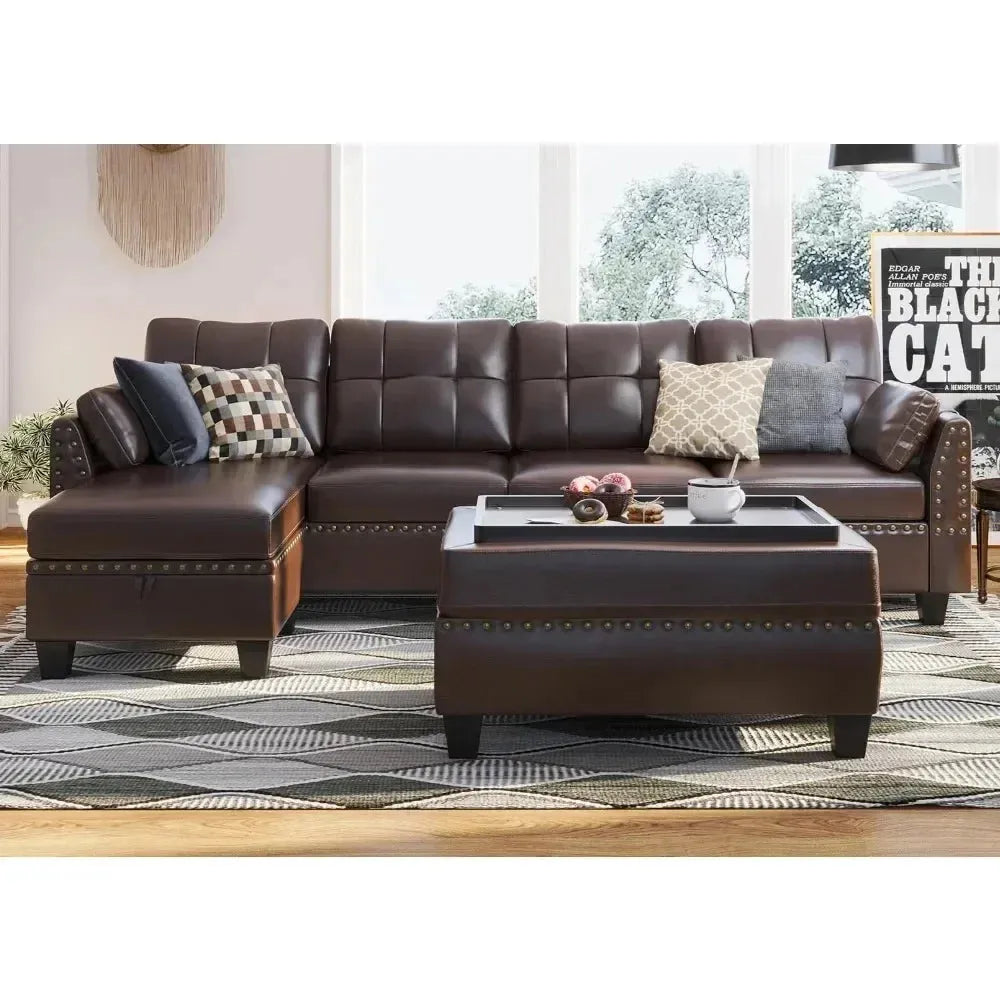 Leather Sectional Sofa with Ottoman - Easy Assembly, Storage Space,Living Room Sofa - Home Fusion