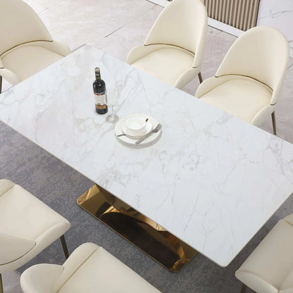"71-Inch Carrara White Stone Dining Table with Gold Pedestal Base