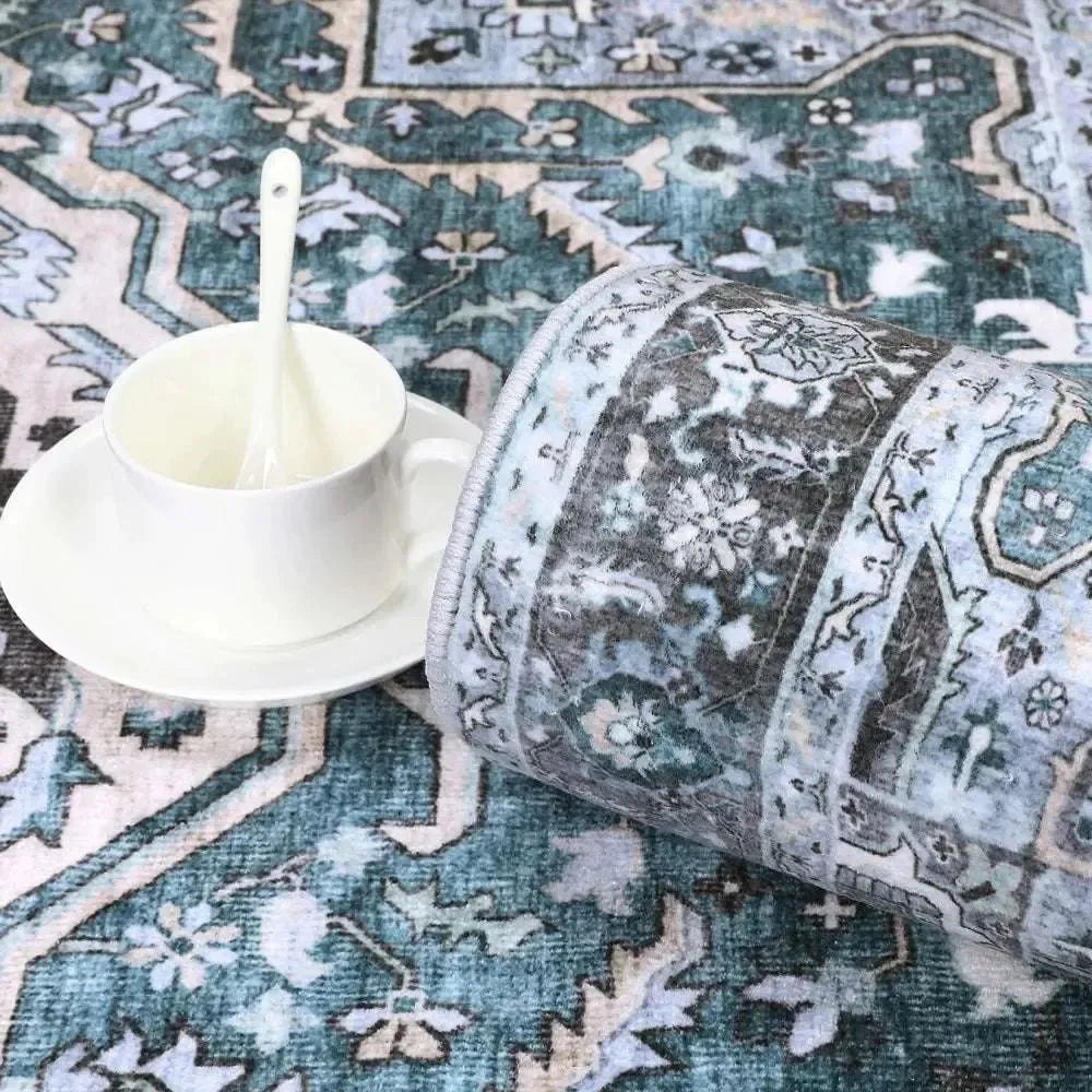 Washable Area Rugs 8x10 Living Room Rug Vintage Medallion Throw Rugs Soft Floor Cover Low Pile Non-Slip Accent Carpet Retro Rug