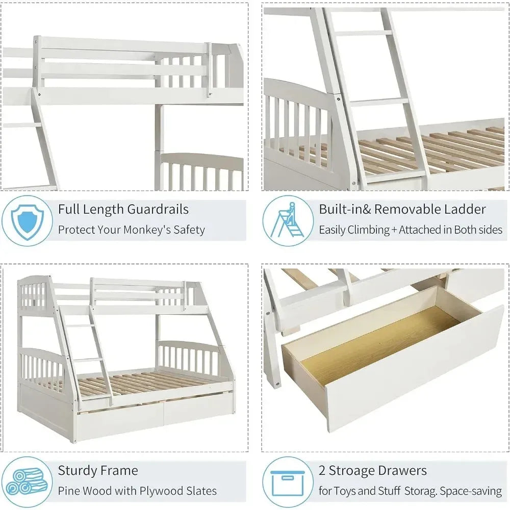 Solid Wood Twin Over Full Bunk Bed with Two Storage Drawer,Convertible to 2 Separated beds (White) bunk beds for kids - Home Fusion