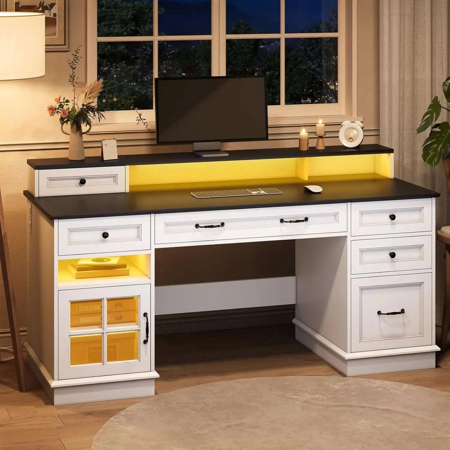 Farmhouse Executive Desk with Drawers Computer Desk with File Drawers, Power Outlet and Led Lights, Executive Office Desk - Home Fusion