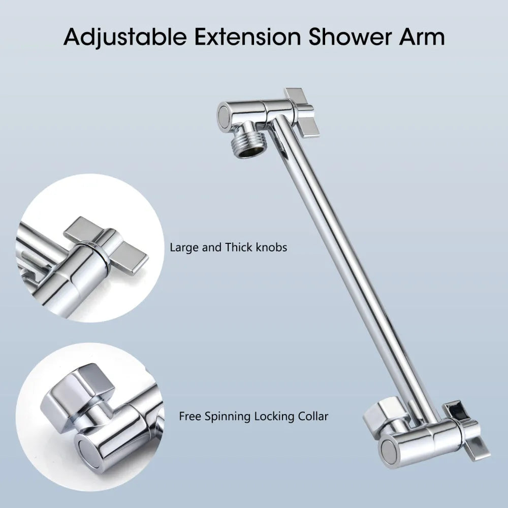 Chrome Shower Head, 10 Inch High Pressure Rainfall Shower Head/Handheld Shower Combo with 11 Inch Extension Arm, 6 Settings Adjustable Anti-leak Shower Head with Holder/Hose, Height/Angle Adjustable - Home Fusion