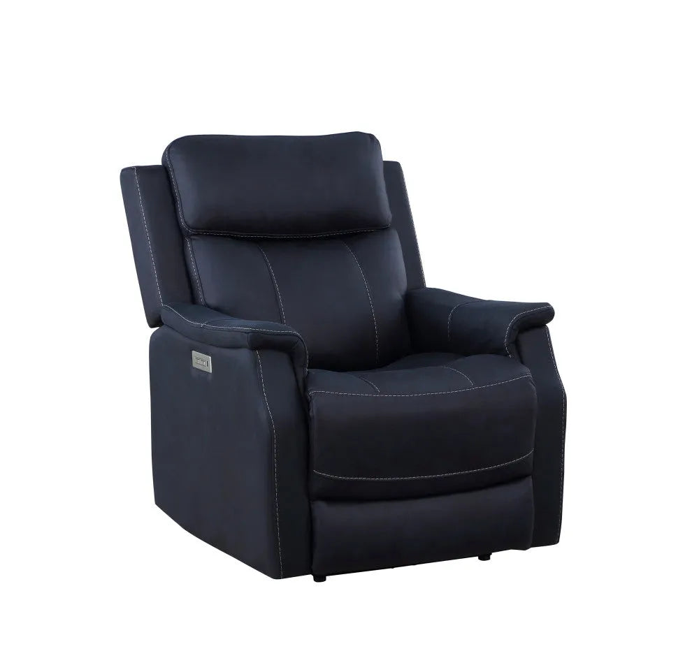 Clean Contemporary Dual-Power Recliner - Ocean Blue Leatherette, Power Footrest, Power Headrest - Easy-Care and Convenience - Home Fusion