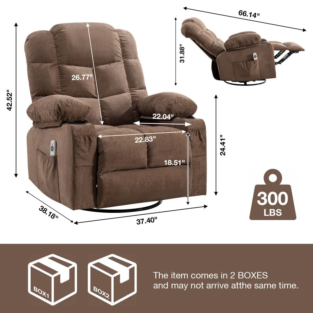 Massage Rocker Recliner Chair Rocking Chairs for Adults Oversized with 2 Cup Holders, USB Charge Port Soft Features a Manual Massage and Heat.(A+B)BROWN - Home Fusion