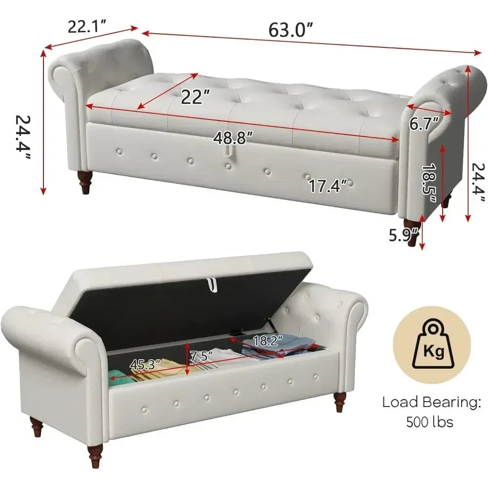 Storage Ottoman Bench, End of Bed Button Tufted Ottoman Bench, Rolled Armed Ottoman Couch Long Bench for Bedroom, Living Room - Home Fusion