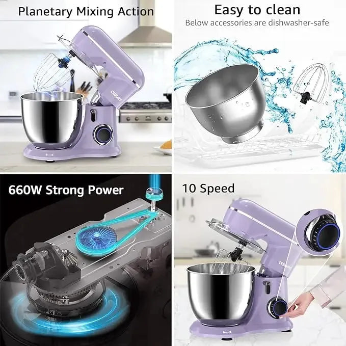 3-IN-1 Electric Stand Mixer Set 660W 10-Speed with Pulse Button 6.5QT Bowl Dough - Home Fusion