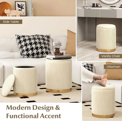 Comfort corner Velvet Storage Ottoman Set of 2,Round Ottoman with Storage, Footrest Vanity Stool Chair, Stackable Footstool - Home Fusion