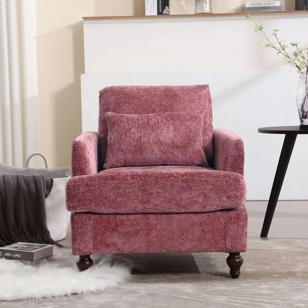 COOLMORE Wood Frame Armchair,  Modern Accent Chair Lounge Chair for Living Room,Tufted Club Chair, Mid Century Modern Arm Chairs with Studded, Solid Wood Frame, for Bedroom, Reading(Wine red Chenille) - Home Fusion