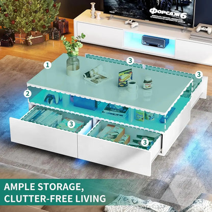 YITAHOME LED Coffee Table with Storage, High Glossy LED Coffee Tables for Living Room, Small Center Table with Open Display Shel - Home Fusion