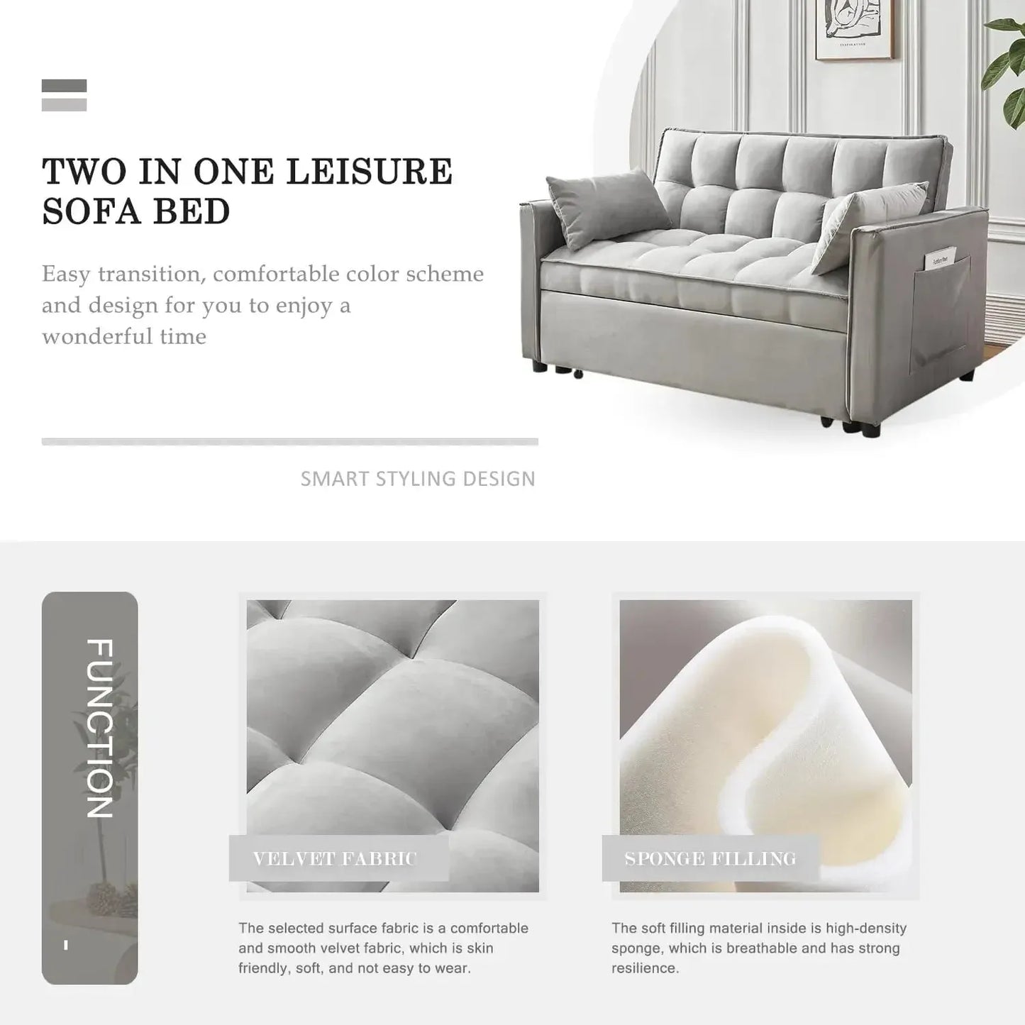 Convertible Sleeper Sofa Bed | Modern Pullout Couch with Adjustable Backrest | Loveseat Futon - Home Fusion