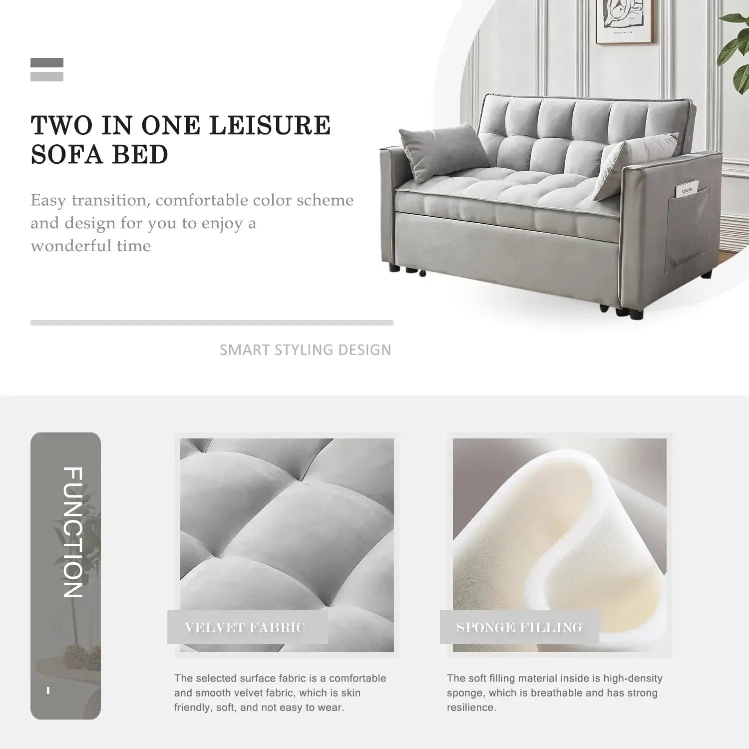Convertible Sleeper Sofa Bed | Modern Pullout Couch with Adjustable Backrest | Loveseat Futon - Home Fusion