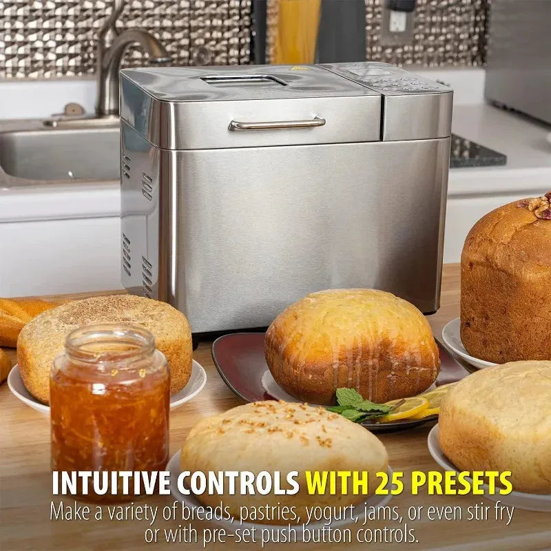 2 LB Stainless Steel Bread Maker with 25 Smart Cooking Programs and Included Accessories, Measuring Cup - Home Fusion