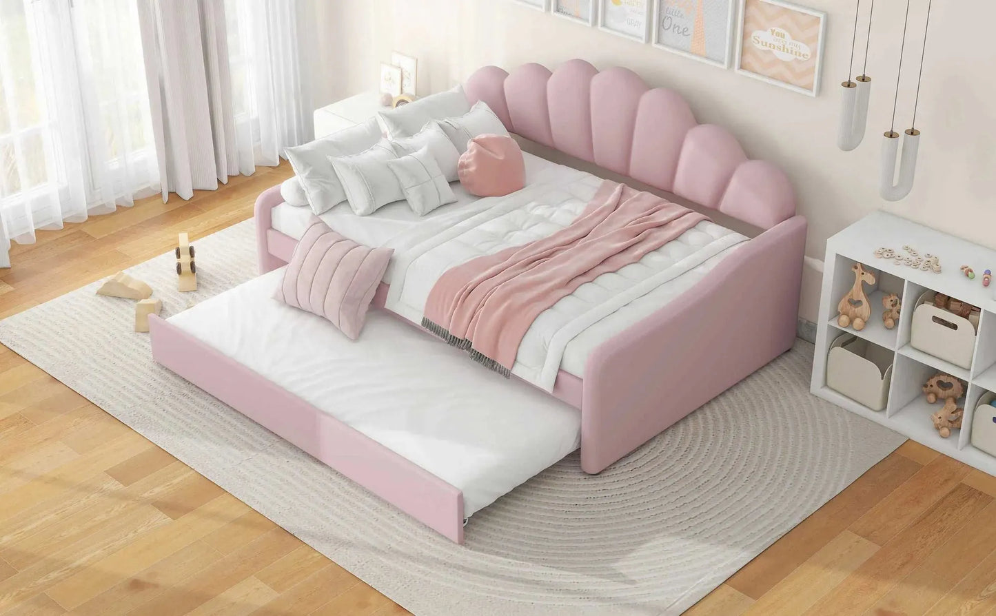 Elegant Full-Size Upholstered Daybed with Shell-Shaped Backrest. - Home Fusion
