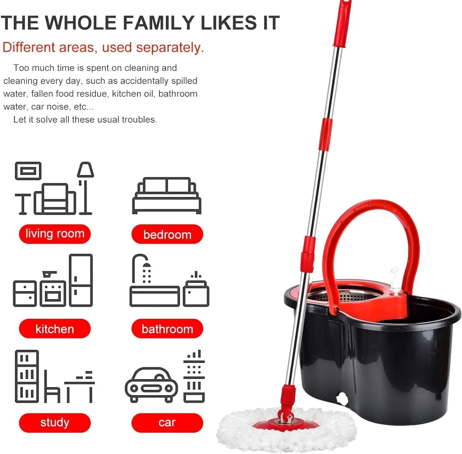 360° Spin Mop Bucket Sets with Wring System in 3 Microfiber Heads, Stainless Steel Basket 61" Extended Handle Floor Cleaning - Home Fusion