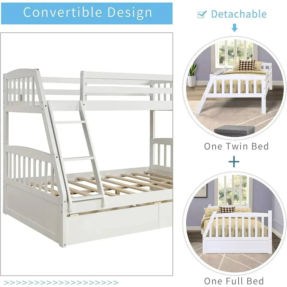 Solid Wood Twin Over Full Bunk Bed with Two Storage Drawer,Convertible to 2 Separated beds (White) bunk beds for kids - Home Fusion