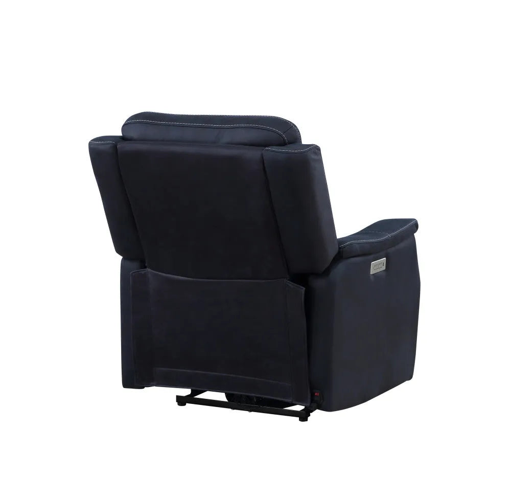 Clean Contemporary Dual-Power Recliner - Ocean Blue Leatherette, Power Footrest, Power Headrest - Easy-Care and Convenience - Home Fusion