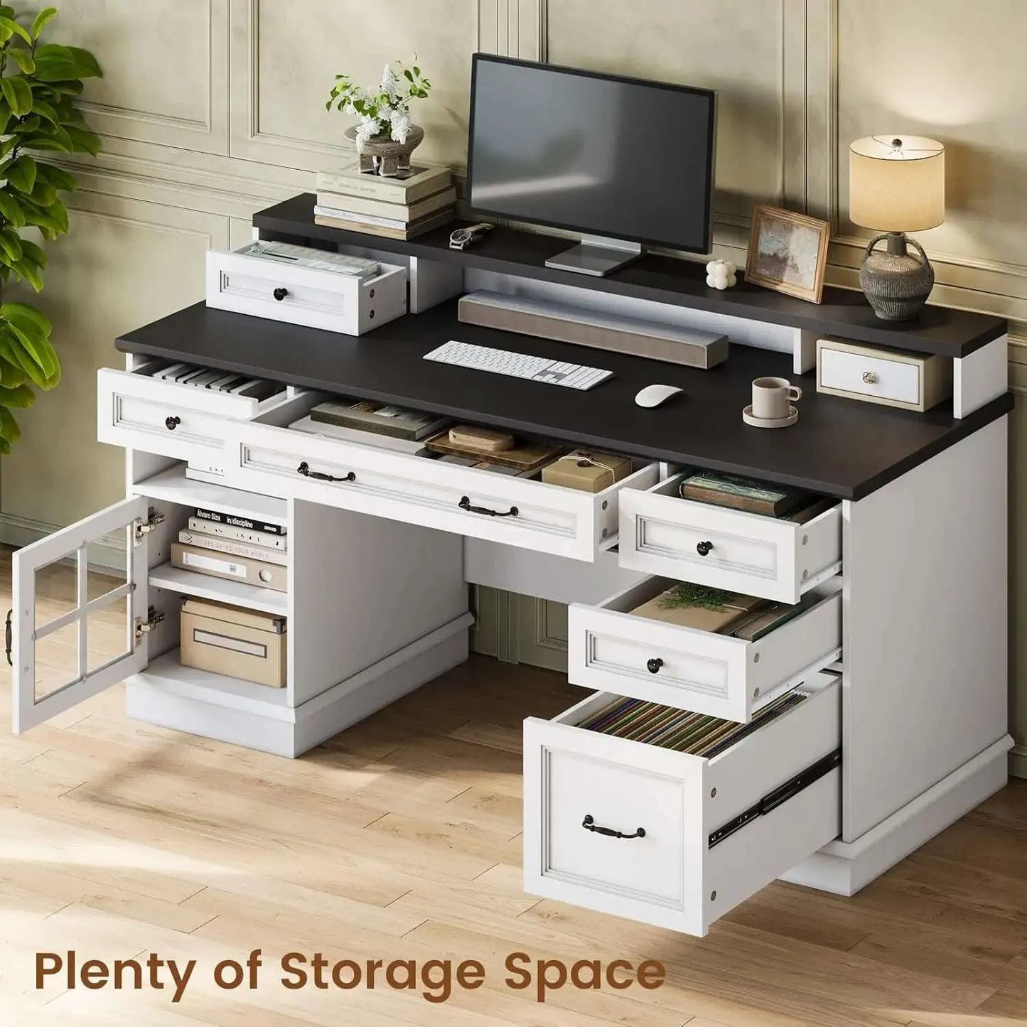 Farmhouse Executive Desk with Drawers Computer Desk with File Drawers, Power Outlet and Led Lights, Executive Office Desk - Home Fusion