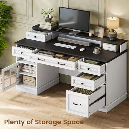 Farmhouse Executive Desk with Drawers Computer Desk with File Drawers, Power Outlet and Led Lights, Executive Office Desk - Home Fusion