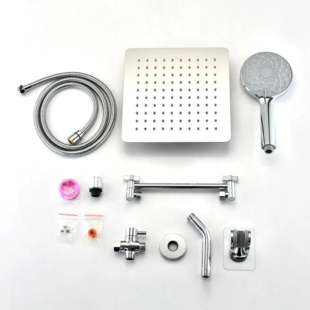 Chrome Shower Head, 10 Inch High Pressure Rainfall Shower Head/Handheld Shower Combo with 11 Inch Extension Arm, 6 Settings Adjustable Anti-leak Shower Head with Holder/Hose, Height/Angle Adjustable - Home Fusion
