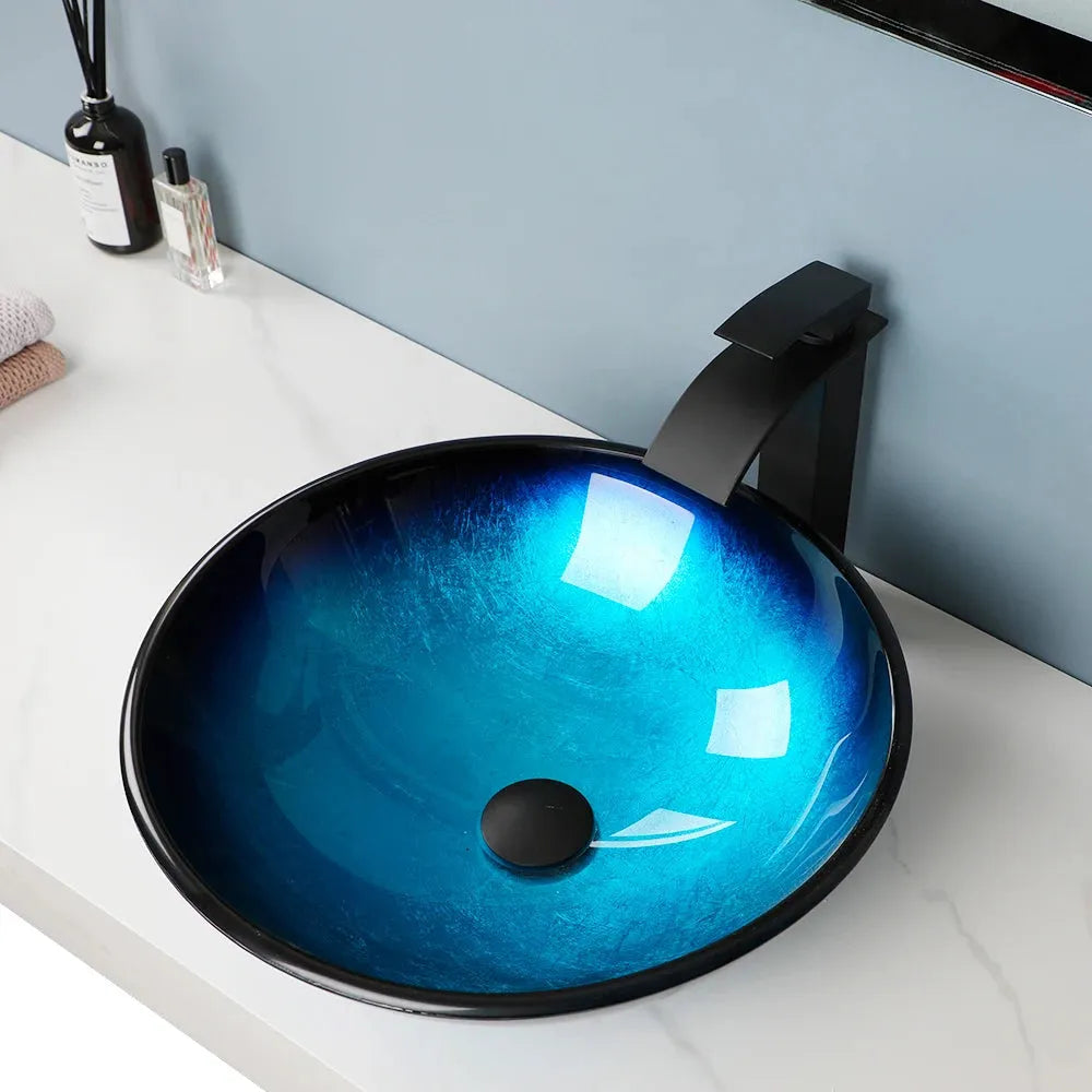ZAPPO Blue Sinks Glass Vessel  for Bathroom Countertop - Home Fusion