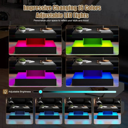 Black LED Coffee Table with Storage for Living Room Modern Smart Tall Square Center Table 2 Tier Display Shelf 20 Colors Light - Home Fusion
