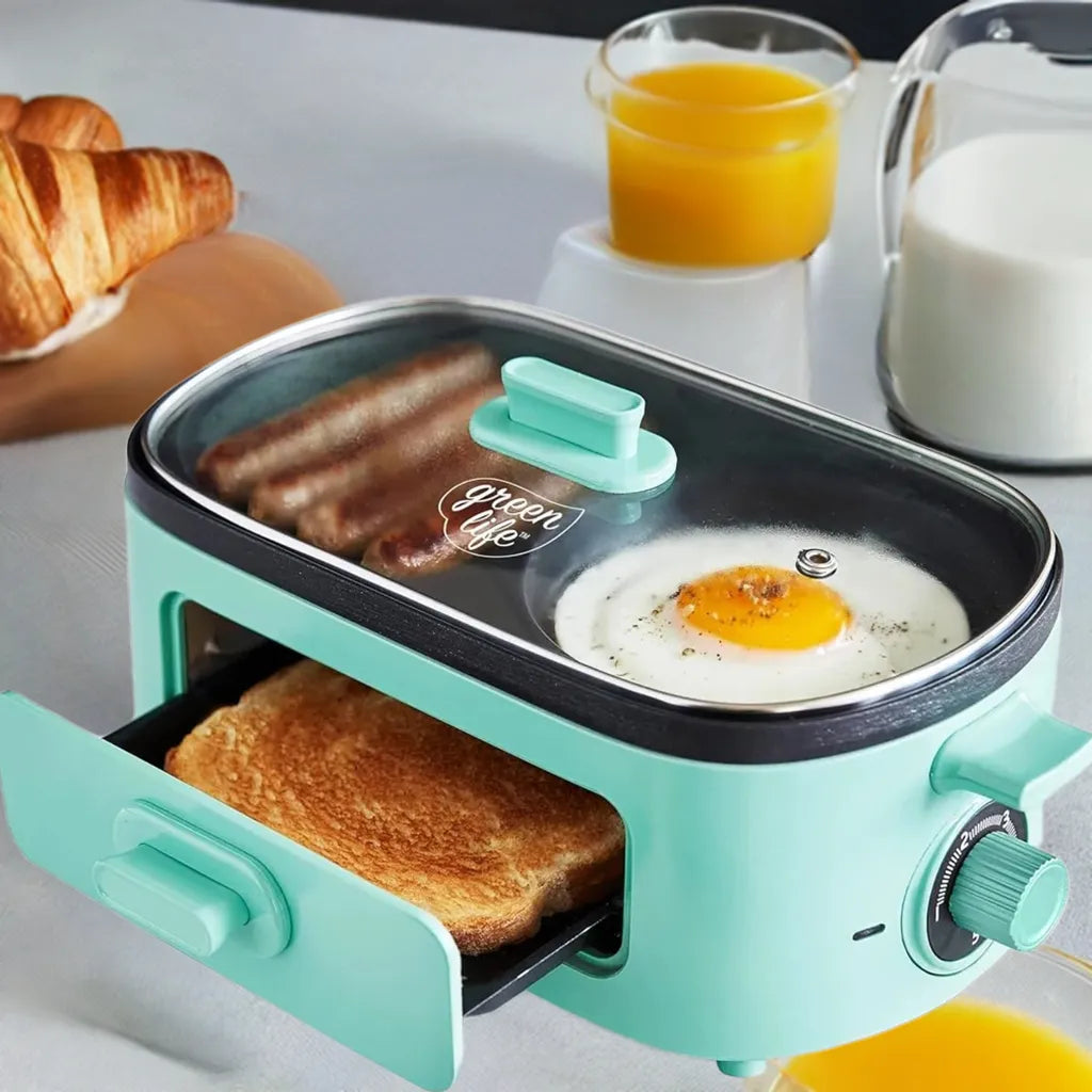 3-in-1 Breakfast Maker Station, Ceramic Nonstick Dual Griddles & Breakfast Sandwiches, 2 Slice Toast Drawer, Turquoise - Home Fusion
