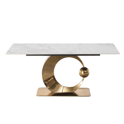 "71-Inch Carrara White Stone Dining Table with Gold Pedestal Base