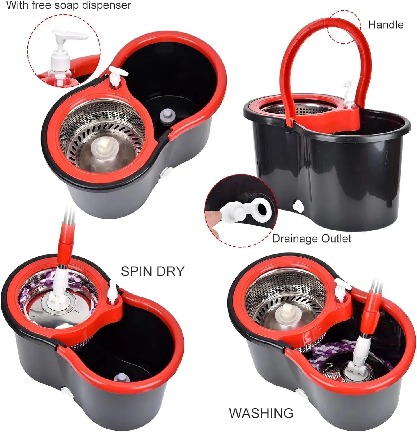360° Spin Mop Bucket Sets with Wring System in 3 Microfiber Heads, Stainless Steel Basket 61" Extended Handle Floor Cleaning - Home Fusion