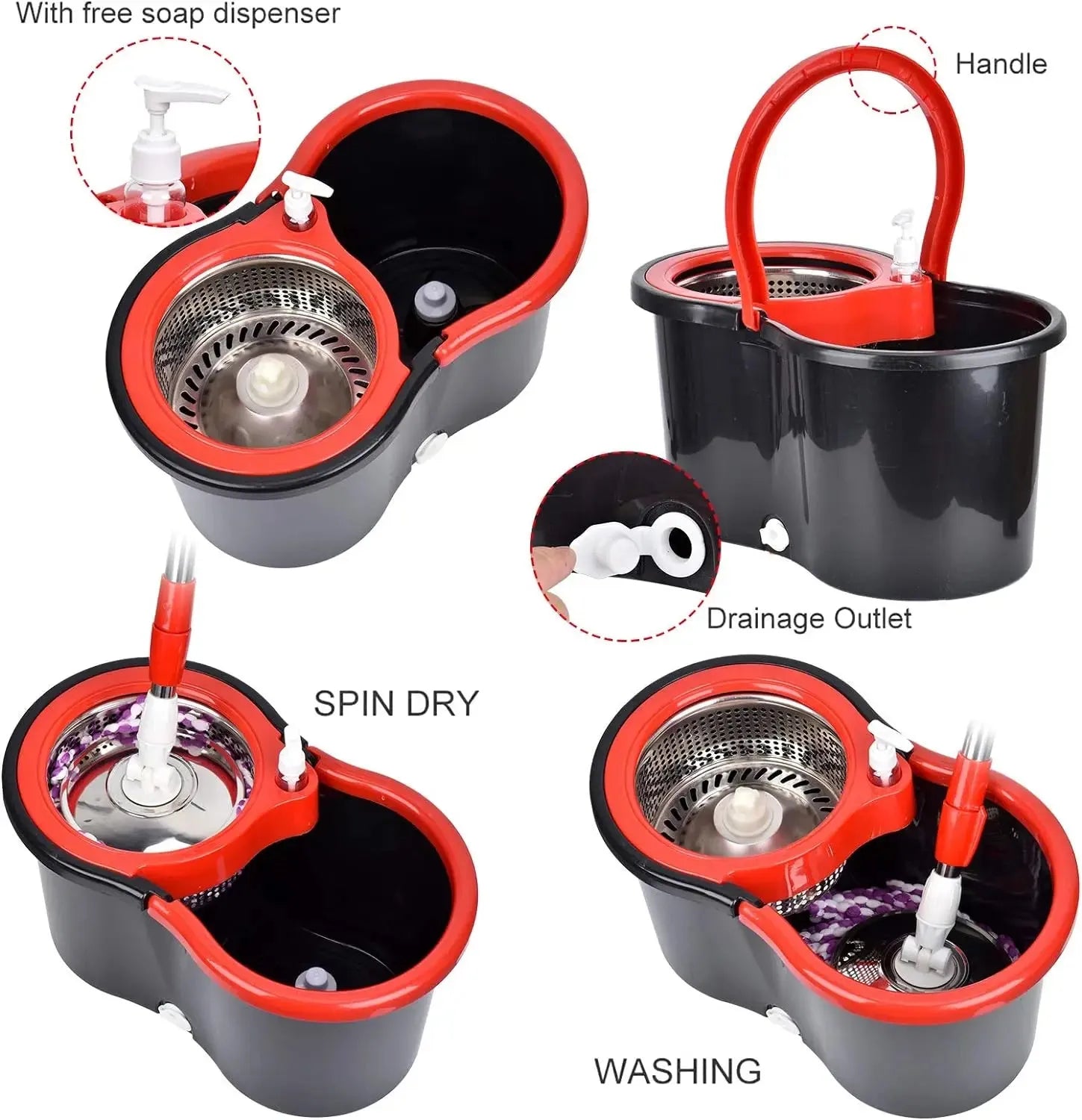 360° Spin Mop Bucket Sets with Wring System in 3 Microfiber Heads, Stainless Steel Basket 61" Extended Handle Floor Cleaning - Home Fusion