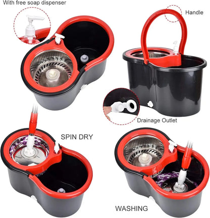 360° Spin Mop Bucket Sets with Wring System in 3 Microfiber Heads, Stainless Steel Basket 61" Extended Handle Floor Cleaning - Home Fusion