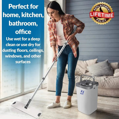 X3 Mop, Separates Dirty and Clean Water, 3-Chamber Design, Flat Mop and Bucket Set, Hands Free Home Floor Cleaning - Home Fusion