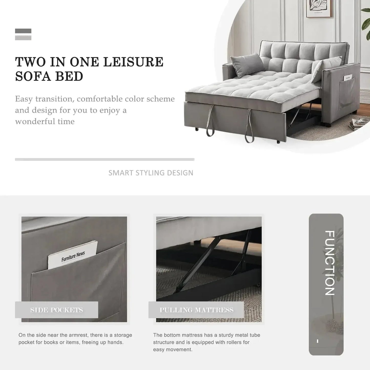 Convertible Sleeper Sofa Bed | Modern Pullout Couch with Adjustable Backrest | Loveseat Futon - Home Fusion