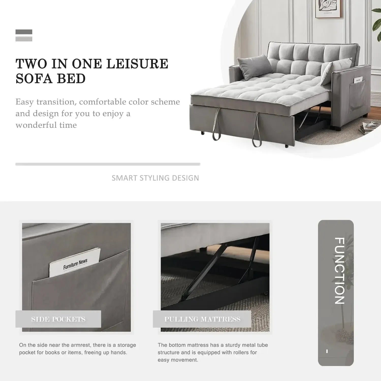 Convertible Sleeper Sofa Bed | Modern Pullout Couch with Adjustable Backrest | Loveseat Futon - Home Fusion
